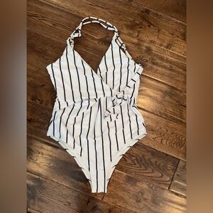 White and black striped swimsuit